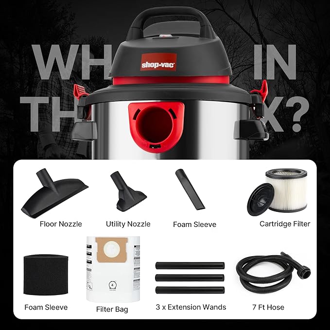 Shop-Vac 5989305 Wet/Dry Vacuum, 5 Gallon, 4.5 Peak HP Stainless Steel Vacuum, 1.25 Inch Diameter x 7 Foot Hose, 6 Ft Cord Length, Ideal for Jobsite, Garage, Car & Workshop