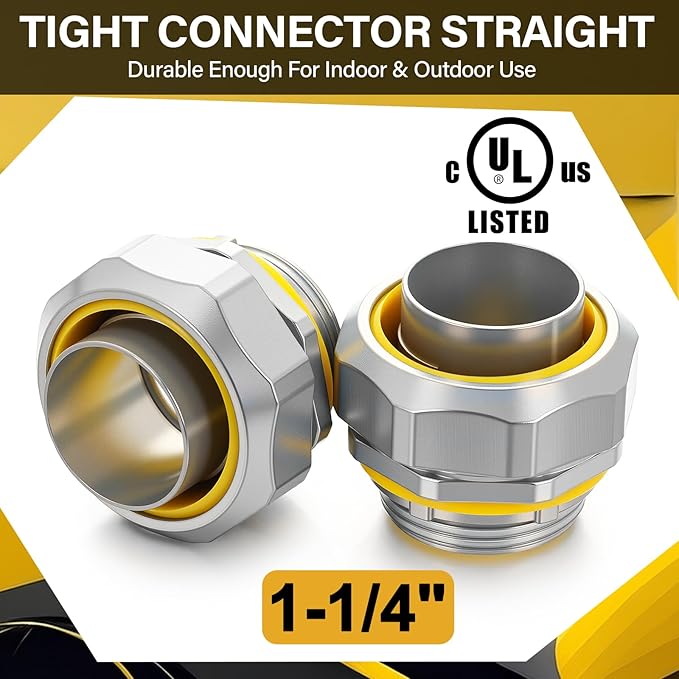 Gisafai 5 Pcs Liquid Tight Connector Straight Insulated Zinc Die Cast Metal Tight Electrical Conduit Fittings for 1-1/4 Inch Flexible and Type B Flexible