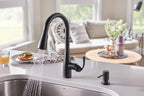 Moen Essie Matte Black Single Handle Pull-Down Sprayer Kitchen Faucet with Soap Dispenser, Reflex and Power Clean Technology, 87014BL