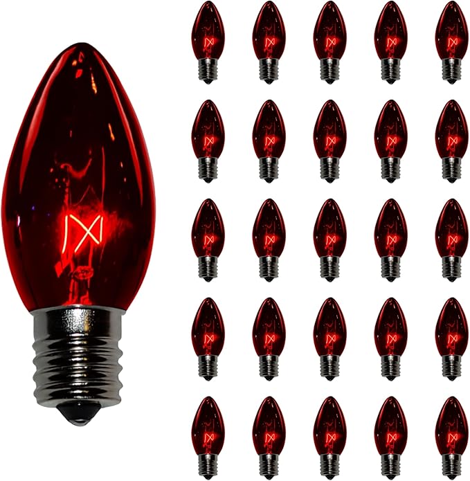 Holiday Bright Lights C9 Transparent Red Replacement Bulbs 25-Pack, Incandescent Faceted String Light Bulbs with E17 Base for Outdoor and Holiday Décor