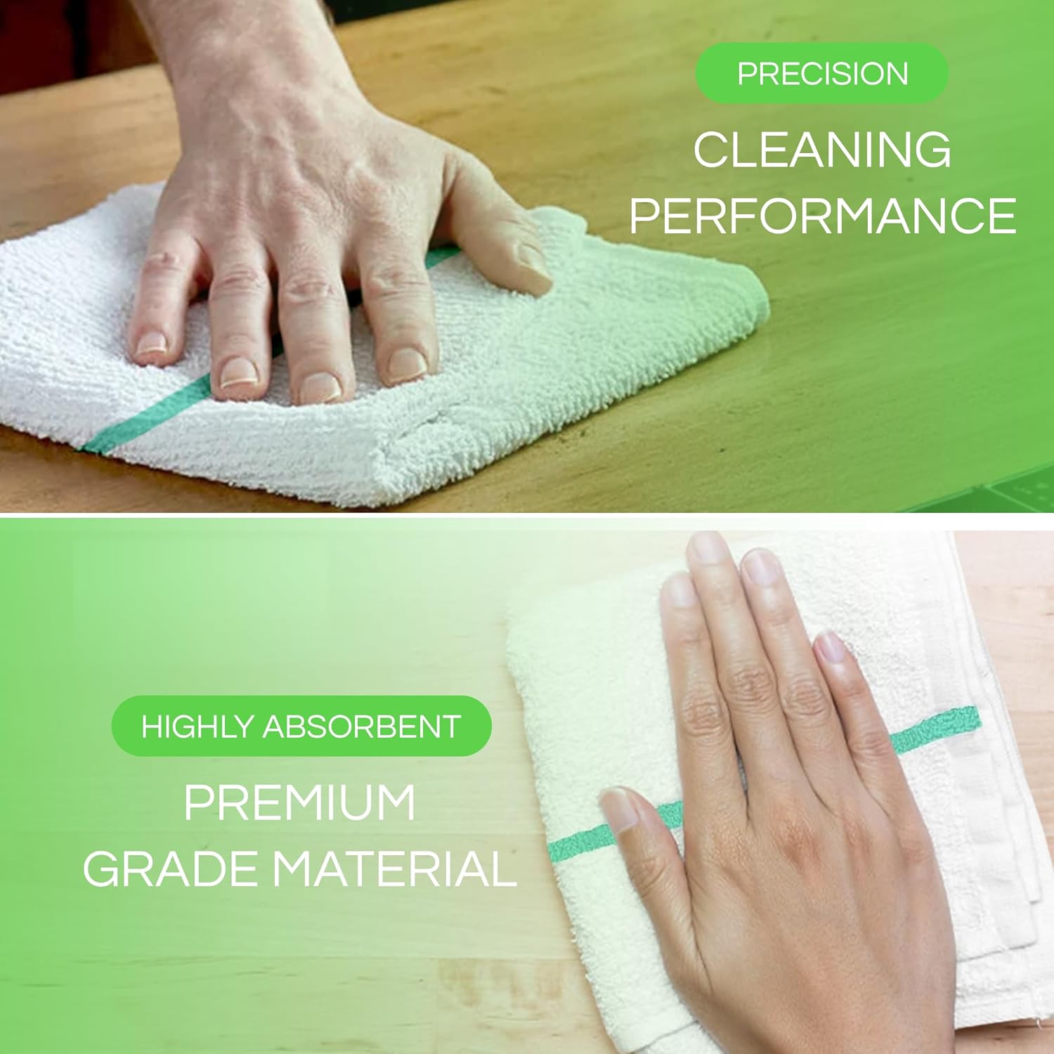 Towels N More 24 Pack 16x19 Bar Mop Towels High Absorbent Cotton Reusable Kitchen Towels - Quick Drying Towels for Chef, Cook, Home, Restaurant, Bar Glass Cleaning Towels (24, Green Stripe)