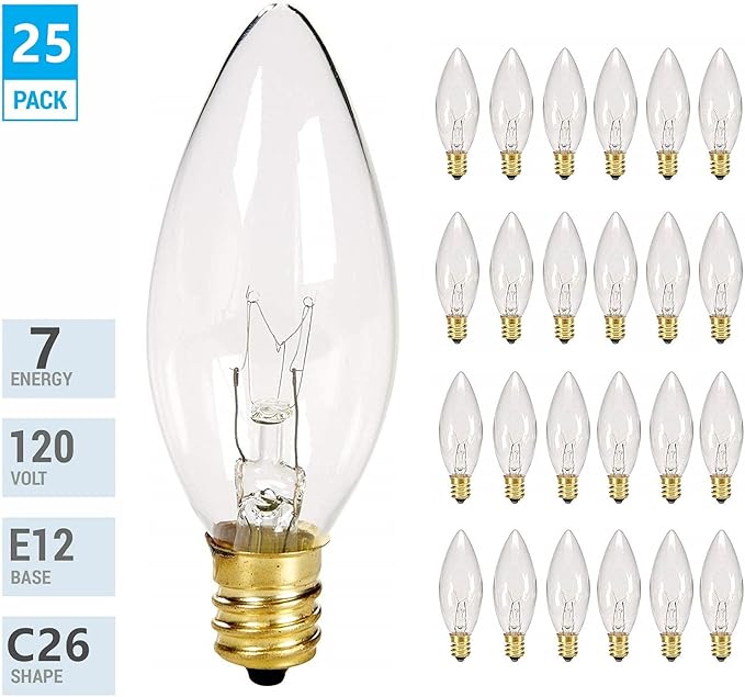 SUNSGNE 25 Pack Candle Light Bulbs, C26 Crystal Clear Torpedo Candelabra Light Bulb for Chandeliers, Window Candle Bulbs, Nightlight Bulb- 7 Watt Light Bulbs- E12 Candelabra Base