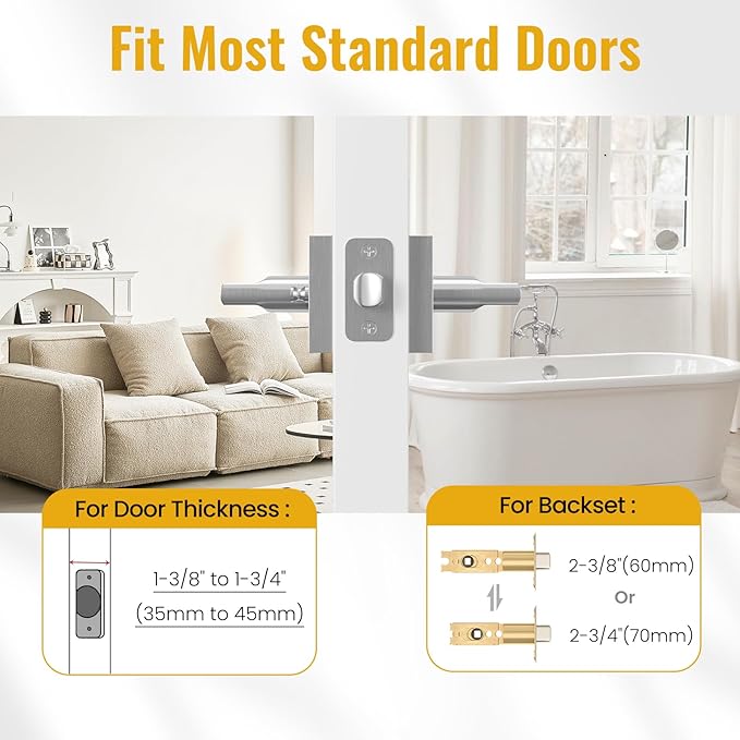 HOSOM Privacy Door Handles for Bedroom and Bathroom, Door Handle Interior Door Levers Keyless Reversible Square Door Locks, Satin Nickel, 1 Pack