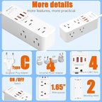 European Travel Plug Adapter, WRXDMC Universal Power Adapter for EU UK DE JP,6 AC Outlets, 4 USB Ports with 5ft Extension Cord, International Power Strip, Compact for Travel, Cruise Ship Must Have