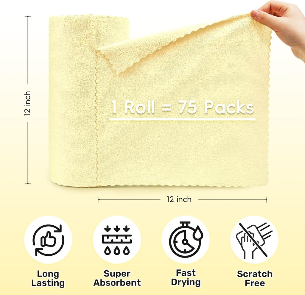 Microfiber Cleaning Cloths Roll, 75 Pack Tear Away Microfiber Towels Roll, 12" x 12" Lint Free Rags, Reusable Cleaning Cloths, Washable, Scratch Free,Ultra Absorbent Dish Rags(Yellow)
