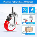 Stainless Steel Caster Wheels 4 inch, 3/8"-16x1 Threaded Stem Casters with Side Brake Set of 4, Non-Marking Slient Polyurethane PU Wheels for Furnitures,Restaurants,Labs,Hospitals