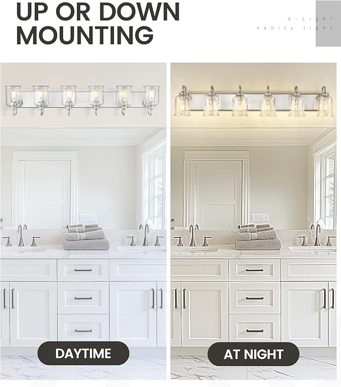 zeyu 6-Light Bathroom Wall Light Fixture, 44 Inch Modern Nickel Vanity Lighting Fixtures for Bedroom, Brushed Nickel Finish with Clear Glass Shade, ZSL72B-6W BN