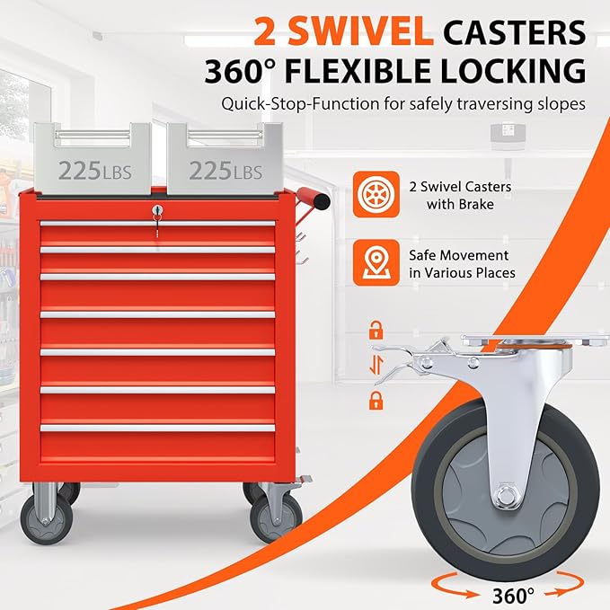 7-Drawer Rolling Tool Chest, Tool Box with 4 Wheels and Drawers, High Capacity Detachable Mobile Tool Storage Cabinet for Garage, Workshop, Mechanics and Repair Room (Red)