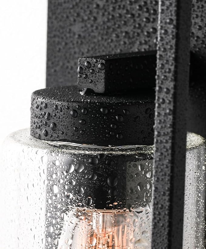 mirrea 18" Dusk to Dawn Outdoor Wall Sconce 1 Light in Cylinder Glass Shade and Matte Black Rectangular Metal Frame Waterproof Porch Light Patio Light Pack of 2