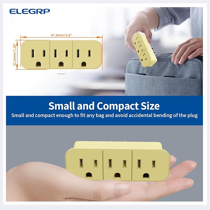 ELEGRP 2 to 3 Prong Grounded Triple Outlet Extender, 2-Prong to 3-Prong Adapter Converters for Wall Outlets, Portable Polarized Wall Plug Splitter with 3 AC Outlets, ETL Listed, 4 Pack