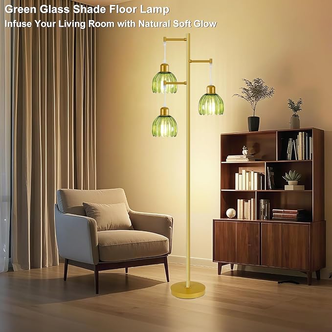 Glass Floor Lamps for Living Room, 3 Lights Mid Century Modern Standing Lamp with Foot Switch, Retro Gold Floor Lamp with Green Glass Shade, Vintage Tree Tall Lamps with Bulb for Bedroom Office