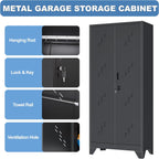 Metal Garage Storage Cabinet with Locking Doors, 71" Tall Broom Closet Storage Cabinet, Heavy Duty Garage Organization Cabinets, Steel Cabinet with Hanging Rod, Assembly Required