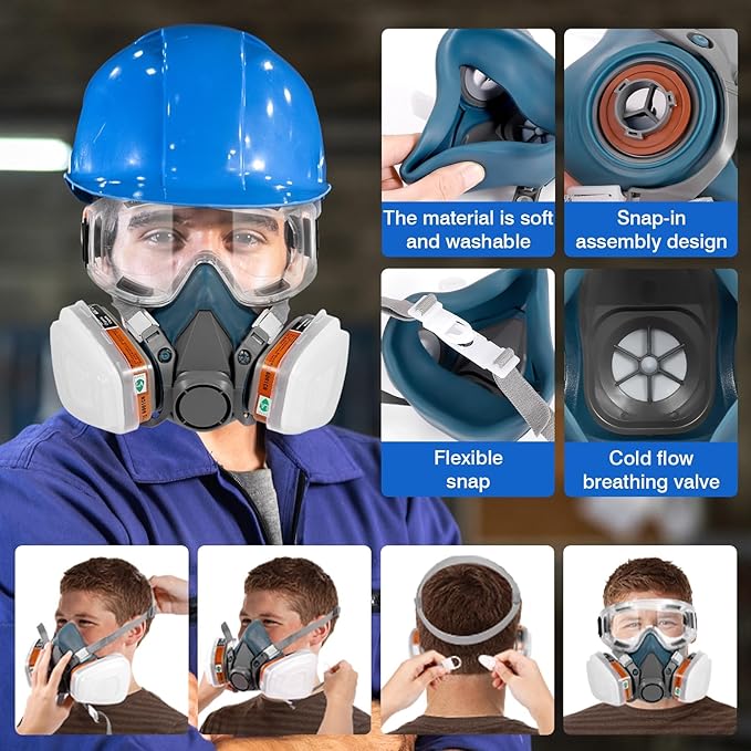 Respirator Mask with Filters and Goggles, Chemical Respirators Gas Mask for Paint, Epoxy Resin Respirator