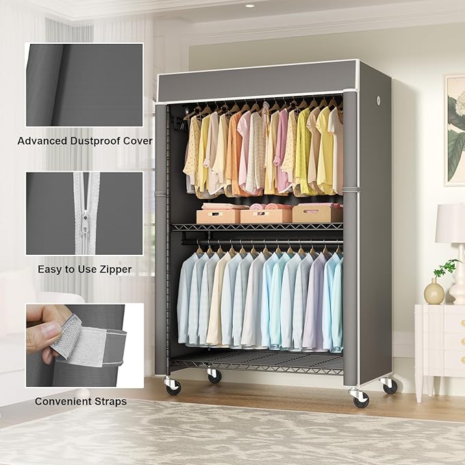 FUTASSI Black Clothing Rack with Dark Gray Cover, P1C Plus Rolling Closet with Wheels, Metal Garment Rack for Hanging Clothes, Clothing Storage Wardrobe, 46" W x 18.5" D x 80.7" H, Load 524 Pounds