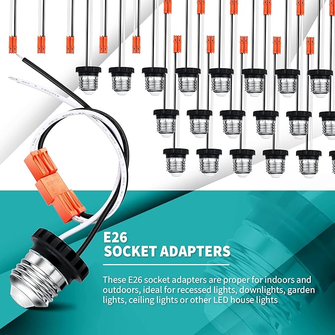 Zhengmy 100 Pcs E26 Socket Adapter, Medium Base Male Screw in Light Socket Pigtail for LED Recessed Lights
