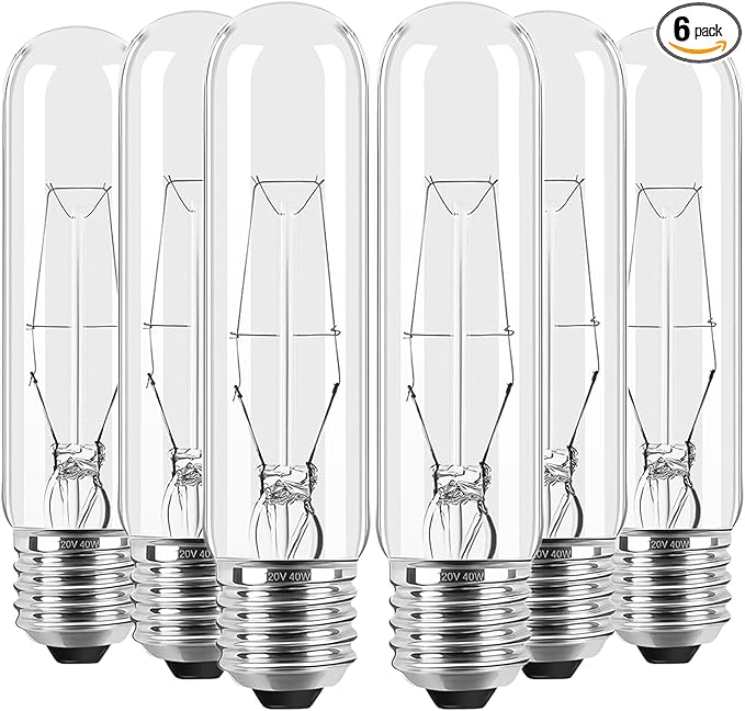 6-Pack 40 Watt T10 Clear Tubular Incandescent Light Bulb, Vintage Style Showcase Bulb,Showcase lamp, 2700K Soft White, E26 Medium Base, 280 Lumens,T10 Tubular Bulb
