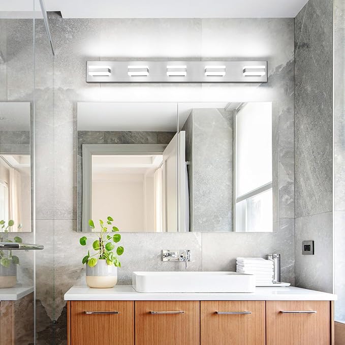 SOLFART 5 Light Bathroom Vanity Light Brushed Nickel Bathroom Vanity Light Fixtures Over Mirror Led Lights for Restroom Nickel