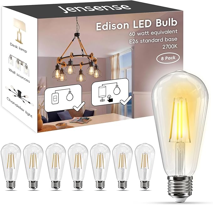 Jensense Edison LED Light Bulbs E26 Bulb 60 watt Equivalent Dimmable Light Bulbs 2700K Warm Soft White Vintage 7W Edison Bulbs 110V 120V 800 Lumen CRI90, 8 Pack