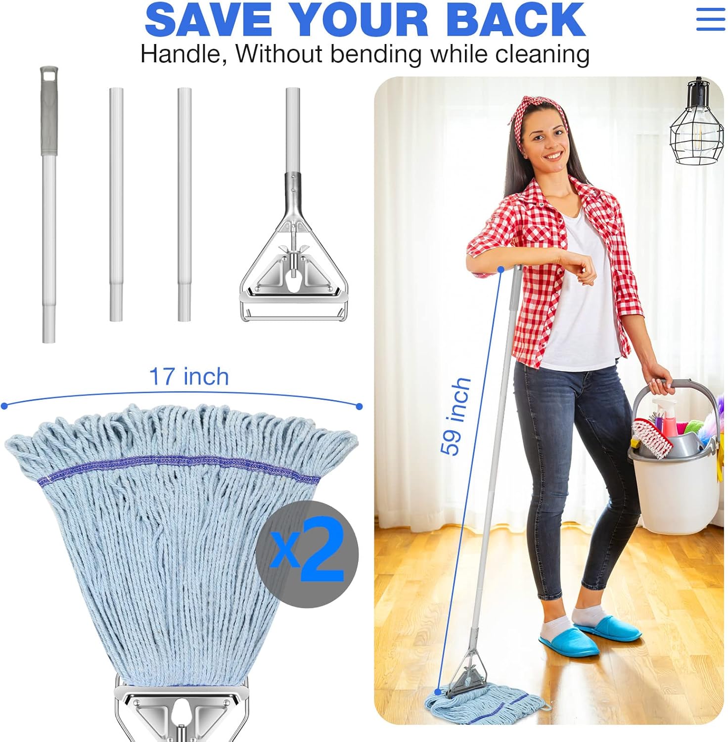 String Mop for Floor Cleaning - Heavy Duty Industrial Commercial Wet Mop with Extra Replacement Head , 59inch Handle, for Home,Garage,Office, Workshop, Warehouse Floor Cleaning