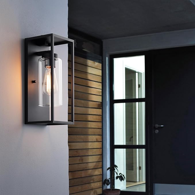 mirrea 14" Dusk to Dawn Outdoor Wall Sconce 1 Light in Cylinder Glass Shade and Matte Black Rectangular Metal Frame Waterproof Porch Light Patio Light Pack of 2