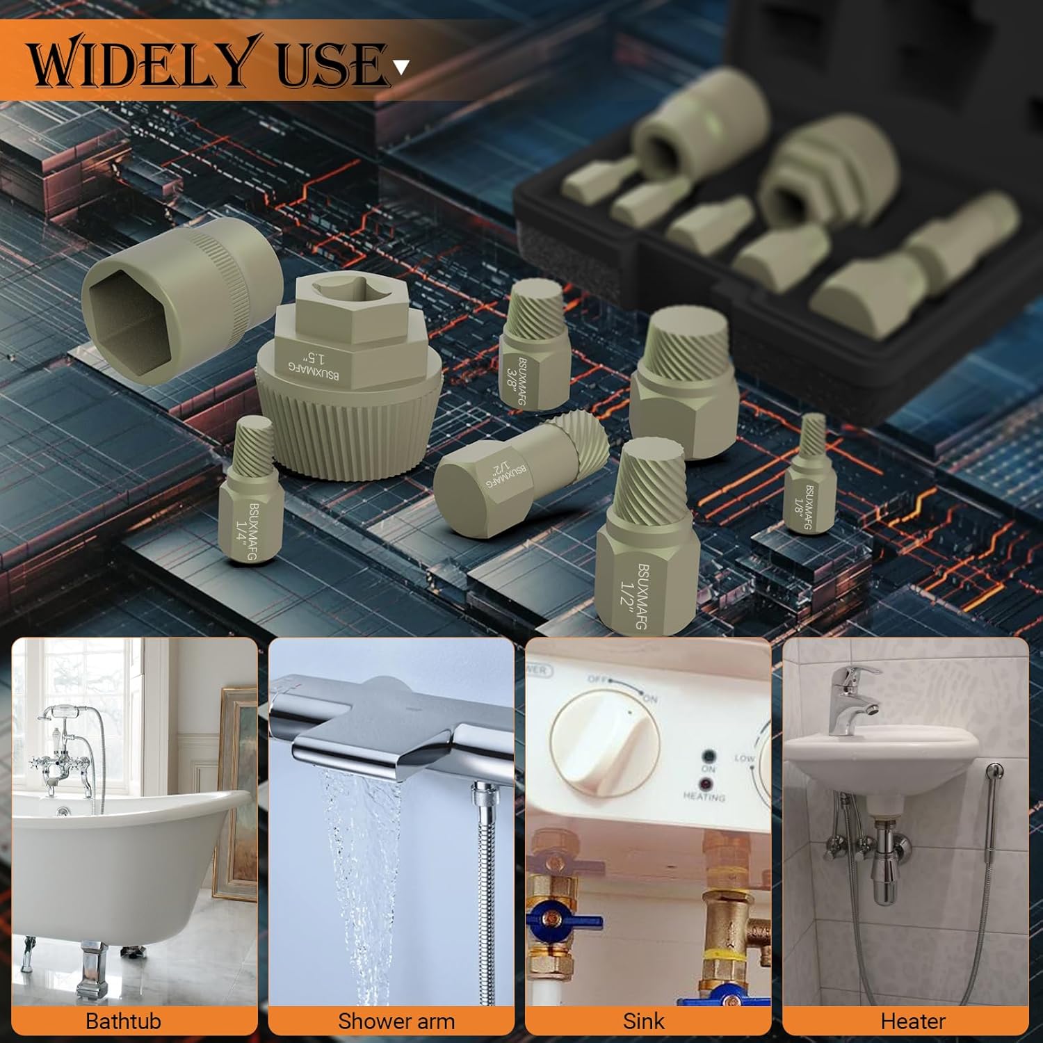 1.5" Tub Drain Extractor, 8PCS Pipe Nipple Extractor, Strong Grab Plumbing Tools, Remove The Old, Stubborn, Broken, Rusted Drain Tub Bathtub Stopper, with Solid Storage Case