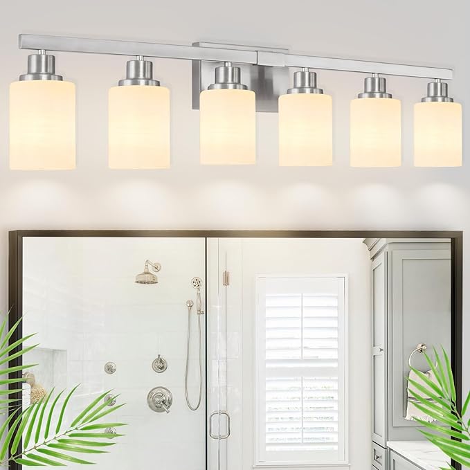 38" Bathroom Vanity Light, 6-Light Nickel Vanity Lights for Bathroom, Wall Sconce Lighting with Milky White Glass Shade, Wall Lights,Bath Vintage Wall Mounted Lamps for Mirror Bedroom