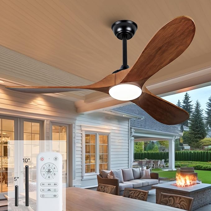 52 Inch Ceiling Fans with Lights and Remote,Solid Wood Indoor/Outdoor Ceiling Fans for Patios,Memory Function,Quiet DC Motor High CFM,Propeller 3 Blades for Porch,Farmhouse,Walnut