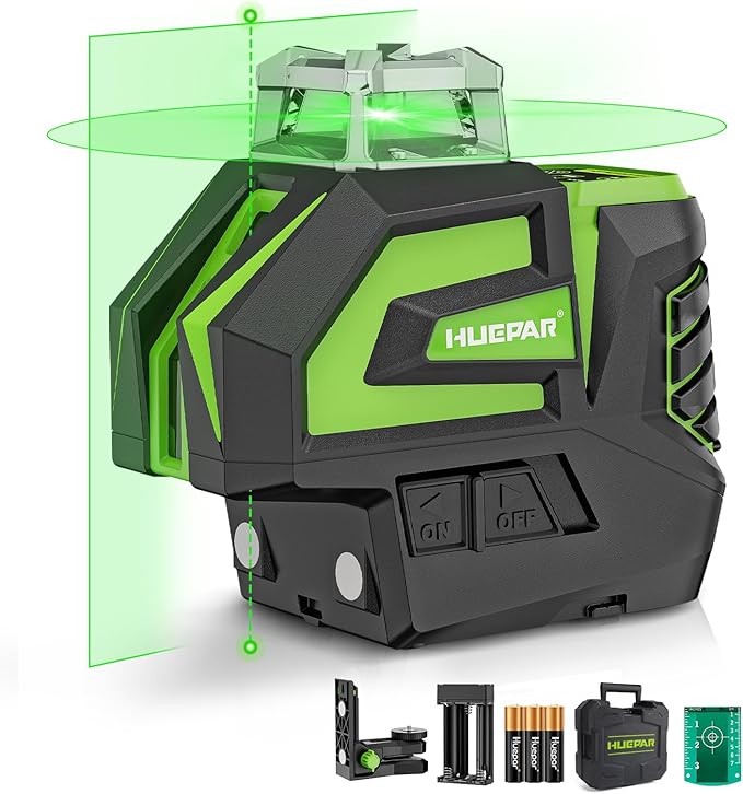 Huepar Self Leveling Laser Level Green Cross Line Laser with 2 Plumb Dots Laser Tool -360° Horizontal Line Plus 140° Vertical Level Laser with Up & Down Points -Magnetic Bracket&AA Batteries Included