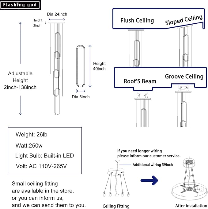 Flashing God H138 Modern Chandelier 6-Rings Large Chandelier for High Ceiling Led Dimmable Ring Pendant Lighting Chrome Contemporary Chandeliers for Villa Foyer Entrance Living Room