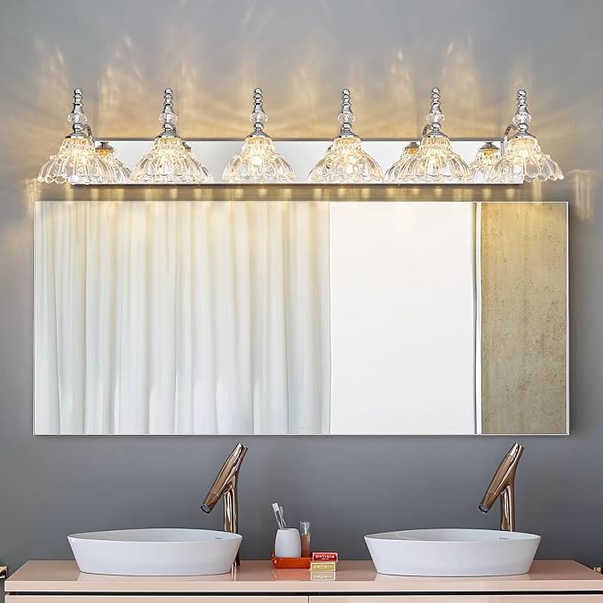 Vintage Bathroom Vanity Light, 6-Light Chrome Vanity Lighting Fixture with Flower Glass Shade, Bathroom Lighting Fixtures Over Mirror