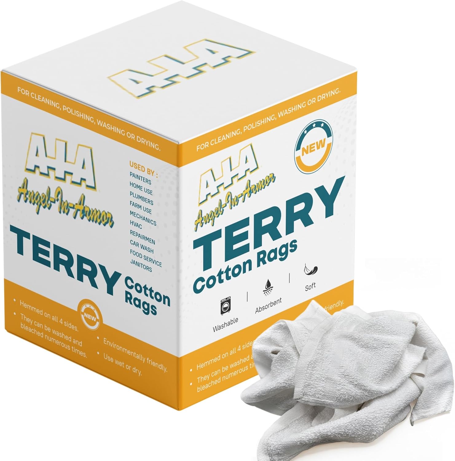 Angel-in-Armor White Terry Cloth Rags (12” x 12”) – 25Ib Bulk Box of 100% Cotton Cleaning Rags (300 Units) – Reclaimed Towels for Plumbers, Shop Use, Janitorial, and Commercial Cleaning