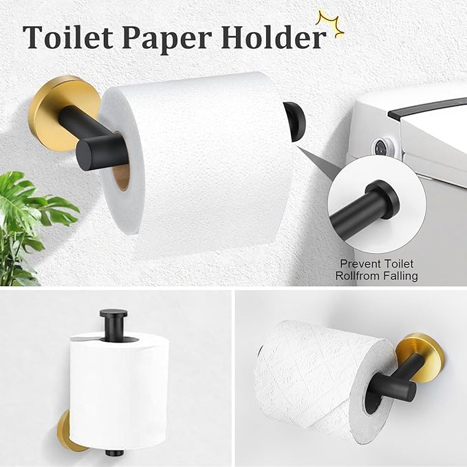 TURS Black and Gold Bathroom Hardware Set 5 Piece, SUS304 Stainless Steel Gold Black Towel Bar Set, 24 Inch Bathroom Accessories Kit Wall Mounted