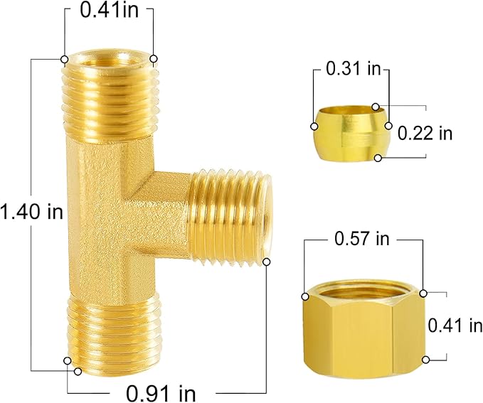 ChillWaves Brass Tee Compression Tube Fitting, 1/4" OD x 1/4" OD x 1/4" OD Compression Union Connector(5-PACK)