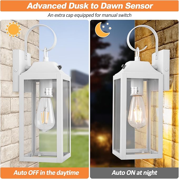 Dusk to Dawn Wall Lights 2 Pack, White Outdoor Light Fixtures, 15 Inch Exterior Wall Sconces Waterproof, Large Outside Lights for House, Modern Wall Lanterns Clear Glass