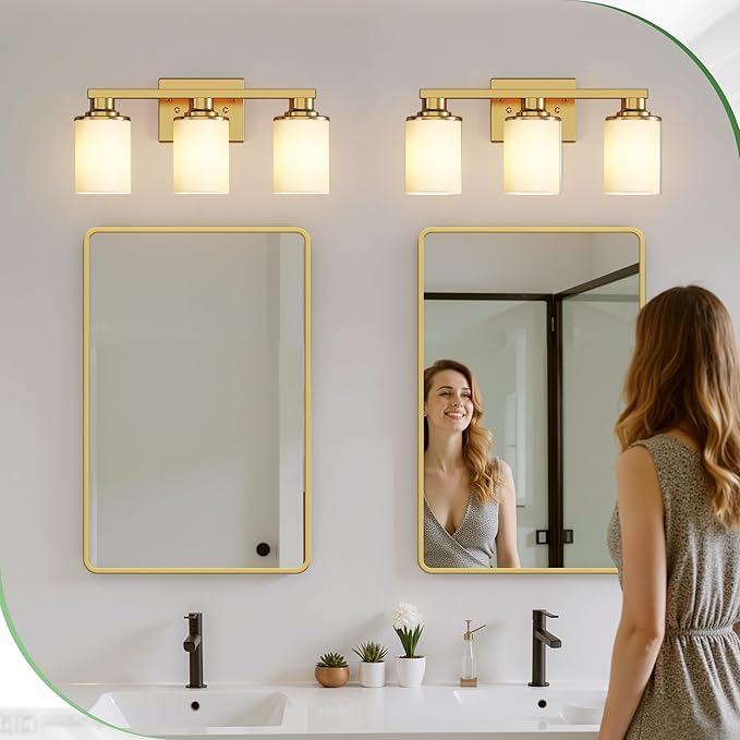 DORESshop 17 Inch Bathroom Light Fixtures, 3-Light Brass Bathroom Lighting Fixtures Over Mirror with Milk Glass Shade, Vanity Lights for Living Room Bedroom