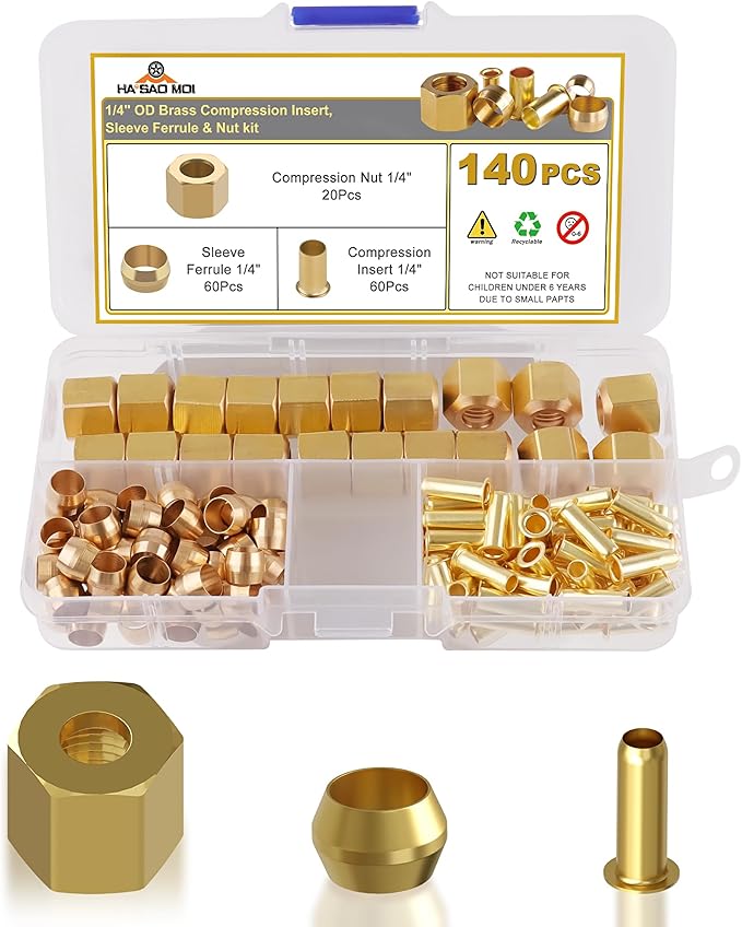 140PCS Compression Fittings Assortment kit - 1/4" of Brass Compression Sleeve Ferrule, Insert and Nuts,Used to Connect Lines for Air,Water,Fuel,Oil and Inert Gases