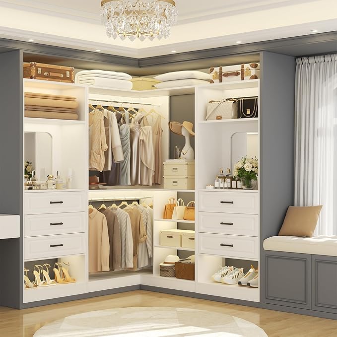 Unikito 50” Freestanding Closet System with 6 Drawers, 4FT Closet Organizer Wardrobe with Storage Shelves and Mirror, Sturdy Wood Walk-in Closet Systems for Bedroom, Max Load 1000 LBS, White