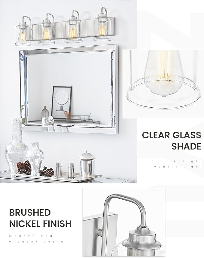 zeyu 28.5 Inch Bathroom Wall Light Over Mirror, 4-Light Vanity Lighting Fixture, Brushed Nickel Finish with Clear Glass Shade, ZSL72B-4W BN