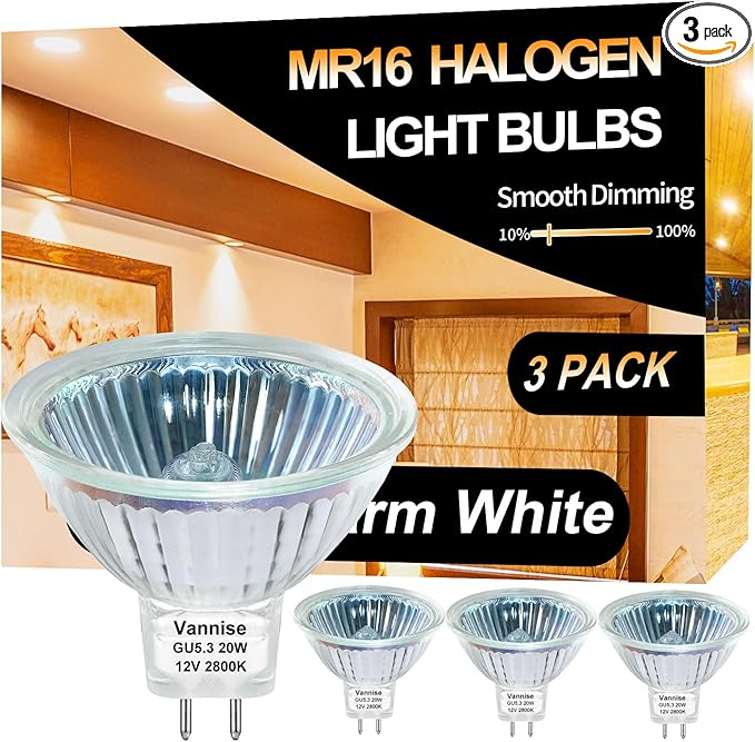 MR16 Bulb 20W, High Output 300LM MR16 Halogen Bulb 20W 12V Warm White 2800K, Halogen GU5.3 Base, MR 16 Dimmable with Clear Glass Cover, Long Lasting MR 16 12V 20 W Halogen Bulb