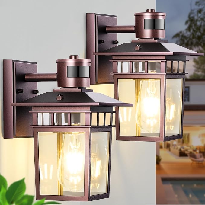 HIFEEEN 2-Pack Outdoor Wall-Mounted Motion Sensor Light with Dusk to Dawn Function, Waterproof Anti-Rust Aluminum Exterior Bronze Porch Lighting Fixture for Front Door, Garage, and Entrance Wall