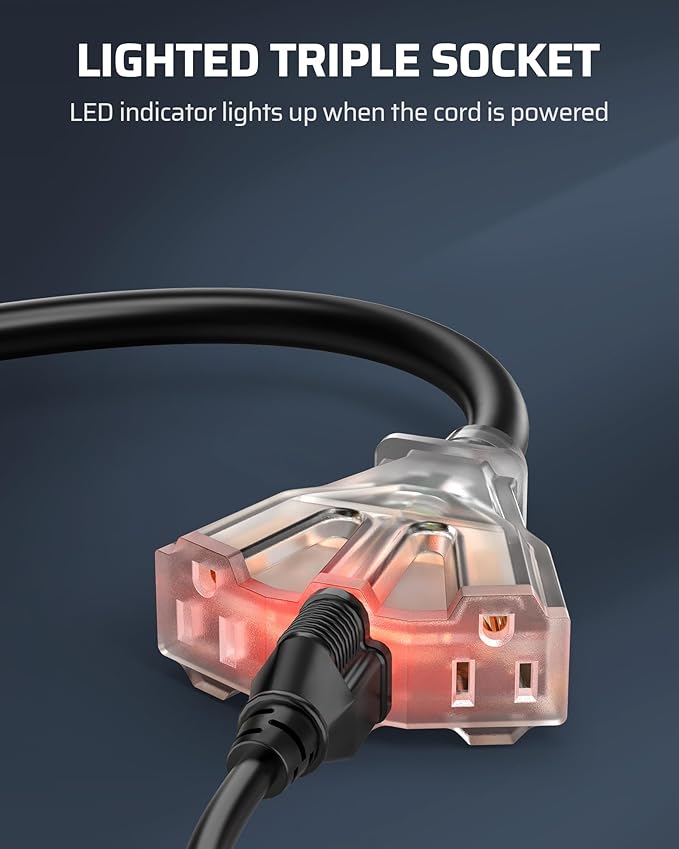 DEWENWILS 2 FT 12/3 Gauge Indoor/Outdoor Tri-Tap Extension Cord Splitter, STW 15 Amp Contractor Grade Heavy Duty Power Cable with LED Lighted Plug, UL Listed, Pack of 3
