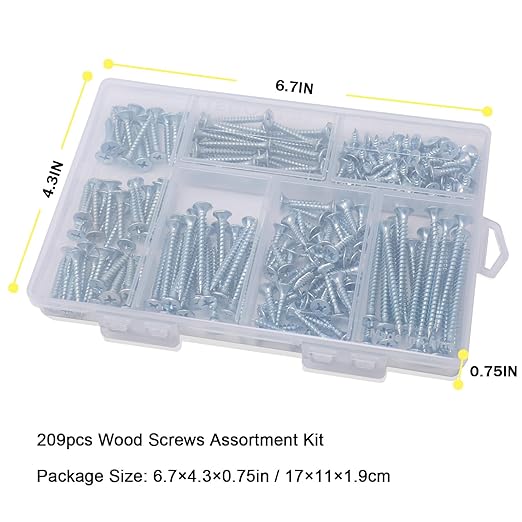 High Hardness Wood Screws Assortment Kit, 209 pcs, Phillips Drive Flat Head, Wood Screws, Screws, Drywall Screws, Assorted Screws, Screws Set, 6 Sizes (2”,1-1/2”,1-1/4”,1”,3/4”,1/2”)