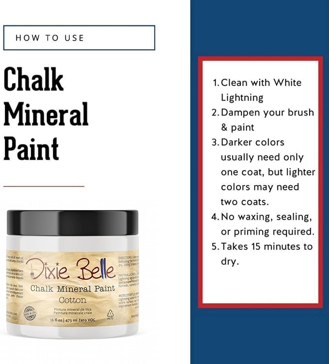 Dixie Belle Paint Company Chalk Finish Furniture Paint - Cotton (16oz) - Matte Pure White Chic Chalk Mineral DIY Furniture Paint