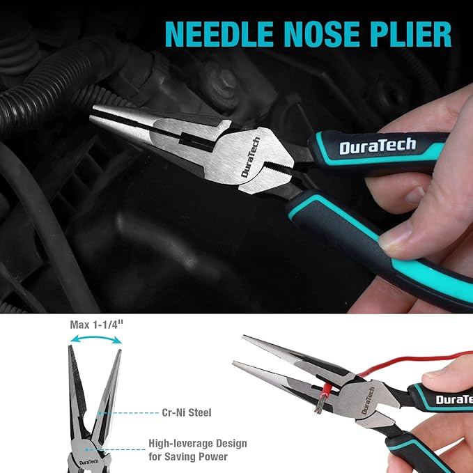 DURATECH 4-Piece Pliers Set - 8" Long Nose, Slip Joint, Groove Joint Pliers & Adjustable Wrench for Home Use