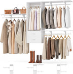Cyclysio 8 FT Hanging Closet Organizer, 96 Inch Closet Organizer and Storage with 4 Adjustable Rods and 3 Shelving Towers, Wardrobe with Drawers for 4-8FT Spaces(Cut-to-Fit), White