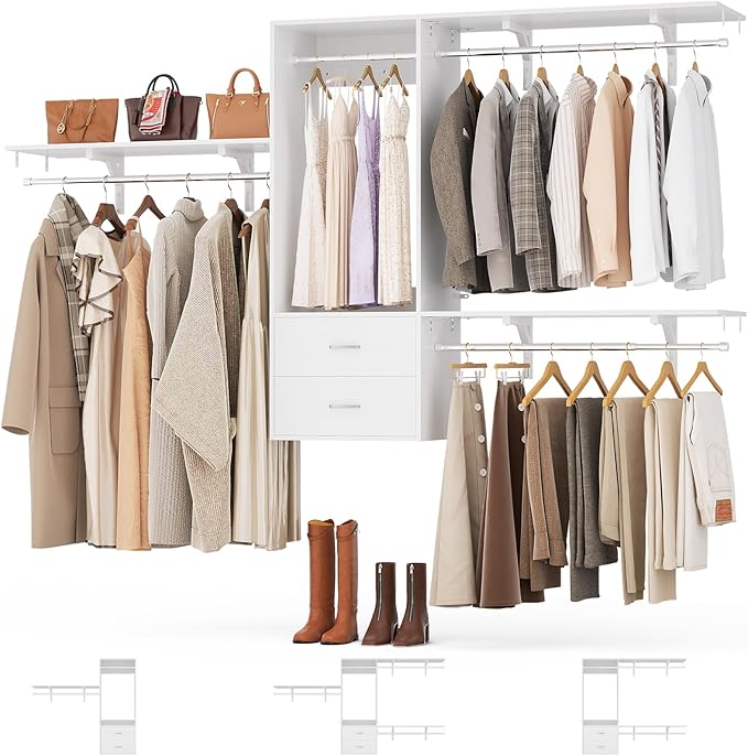 Cyclysio 8 FT Hanging Closet Organizer, 96 Inch Closet Organizer and Storage with 4 Adjustable Rods and 3 Shelving Towers, Wardrobe with Drawers for 4-8FT Spaces(Cut-to-Fit), White