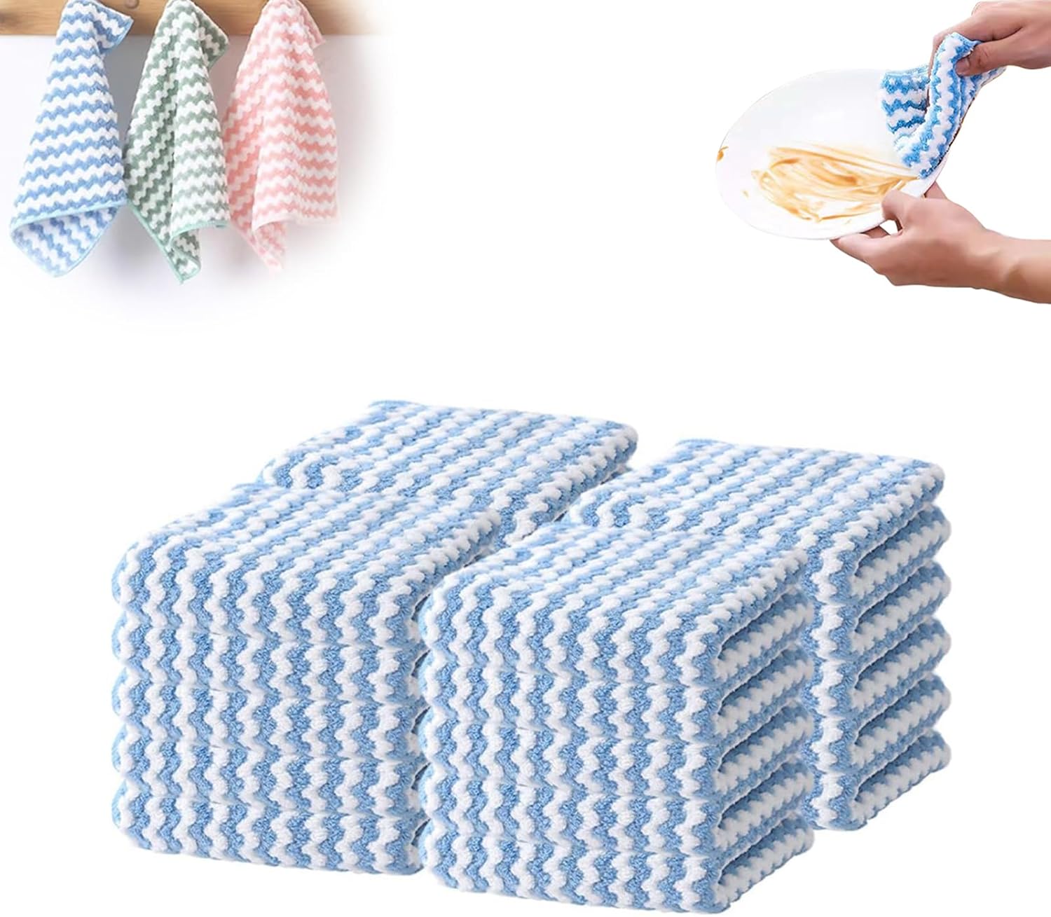 Coral Fleece Striped Rag Cleaning Dish Cloth, Reusable and Washable Microfiber Cleaning Rag, Absorbent Streak Free Lint Free Rags, Kitchen Clean Towels for Scrubs Dishes, Sinks Cleans (Blue, 20PCS)