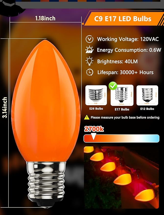 25 Pack Halloween LED Light Bulb,C9 Plastic Orange LED Bulbs for Halloween Decoration Light,C9/E17 Candelabra Base 0.6 Watt Great for Outdoor Indoor Night Lights Holiday Halloween Christmas Decor
