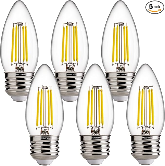 FLSNT Dimmable LED Candelabra Bulbs, 60W Equivalent LED Chandelier Light Bulbs, 5000K Daylight, E26 Base, 550LM, 6 Pack UL,CA65 Listed.