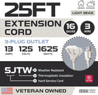 Iron Forge Cable Weatherproof 25 Ft Outdoor Extension Cord with 3 Outlets - 16/3 SJTW Heavy Duty Beige Extension Cord 3 Prong - 13 Amp Power Cable